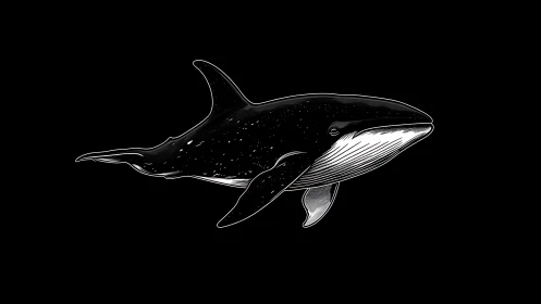 White outlined whale illustration floats on solid black background
