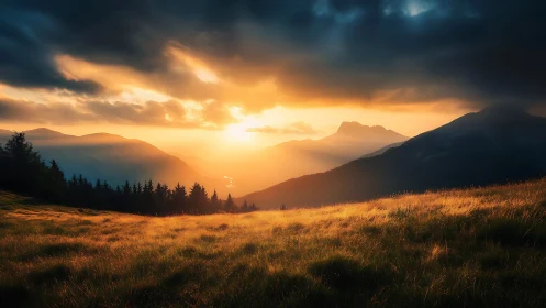 Sunfire meadow meets brooding mountains at stormlit dusk.