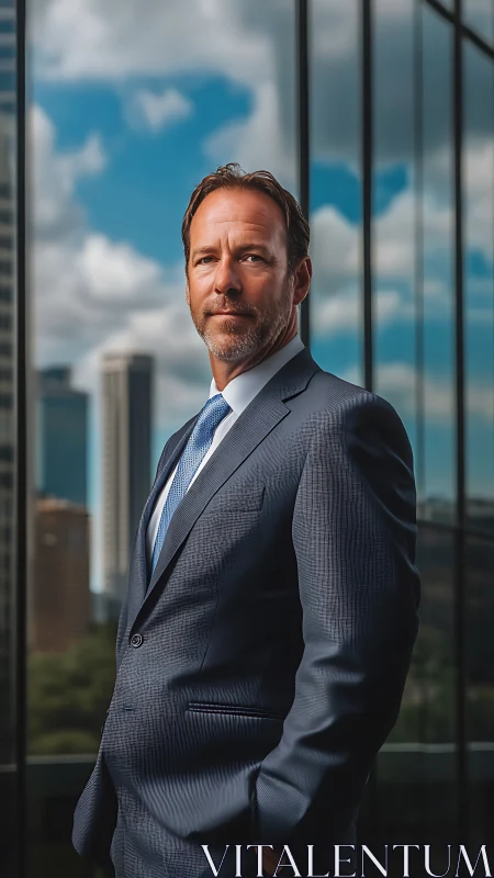 Confident city professional framed by bright summer skies.