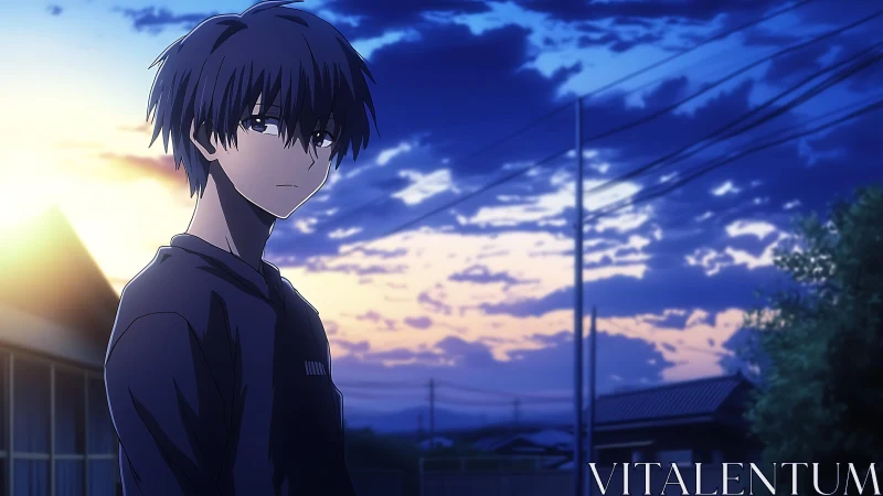 Melancholic anime boy stands in suburban street at dusk