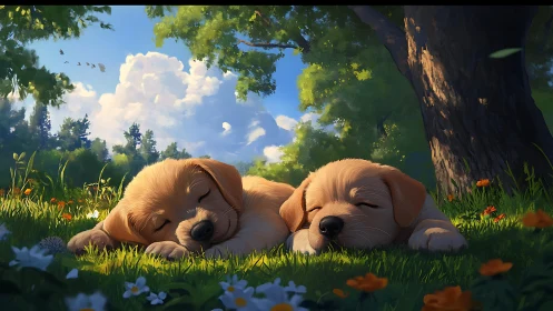 Golden retriever puppies sleeping in sunlit wildflower meadow