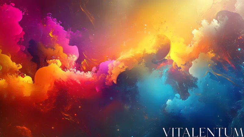 Radiant cosmic clouds swirl in a dreamy rainbow sky