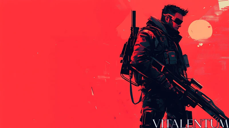 Armed cyberpunk soldier stands against vivid red backdrop.