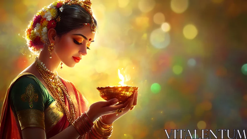 Woman in traditional Indian attire holding glowing diya lamp