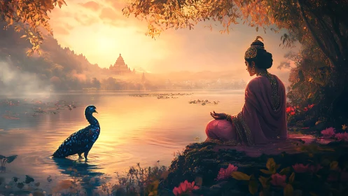 Woman in ornate attire meditates by lake at sunset