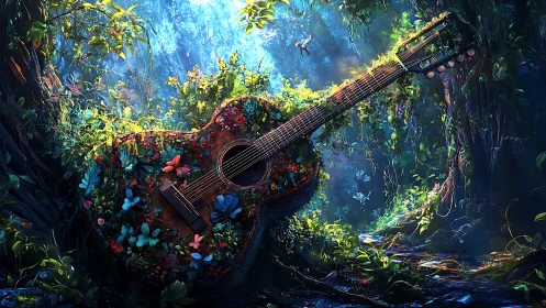 Overgrown guitar in luminous forest clearing at dawn.