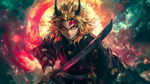 Fiery demon swordsman strides forward wrapped in swirling light.