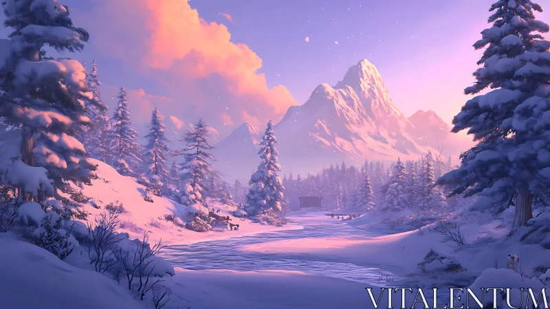 Winter valley glows under rose dawn across frozen river.