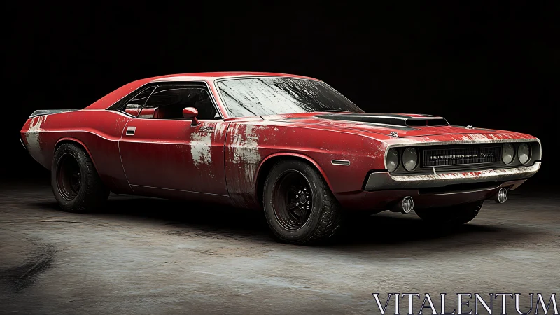Red vintage muscle car rendered with worn paint and dust