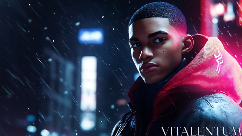 Neon rain vigil: young hero burns bright in city storm.