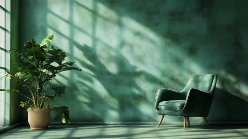 Green velvet armchair and potted plant in sunlit corner.