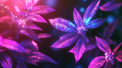 Neon-toned foliage cluster under colored digital lighting.