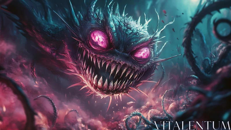 Nightmarish void creature with neon eyes and fanged grin.