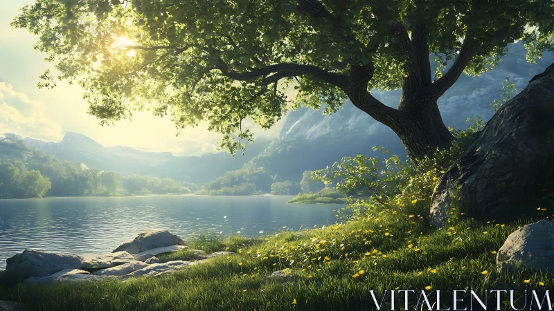 Sunlit lakeside refuge beneath an ancient whispering tree.