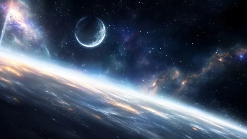 Curved planet horizon shows distant moon within star field