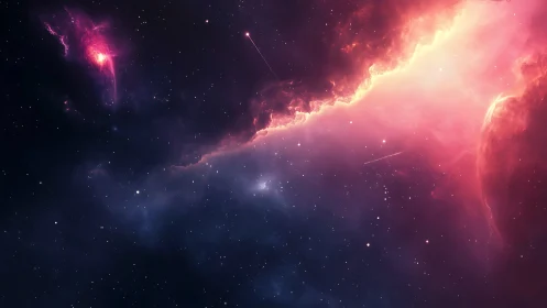 Crimson nebula ridge dividing luminous starfield.