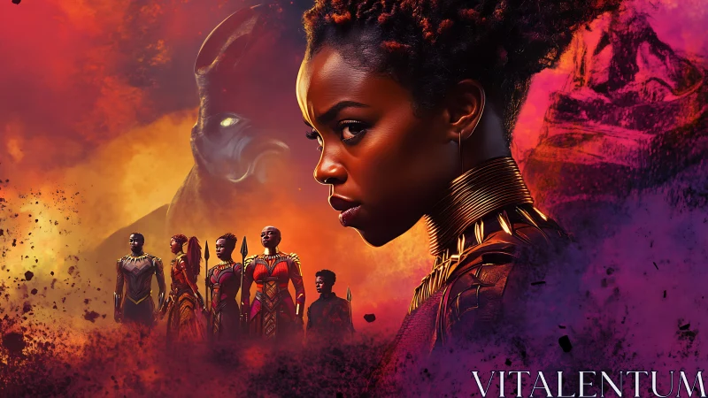 Heroic warrior portrait amid fiery cosmic battlefield.