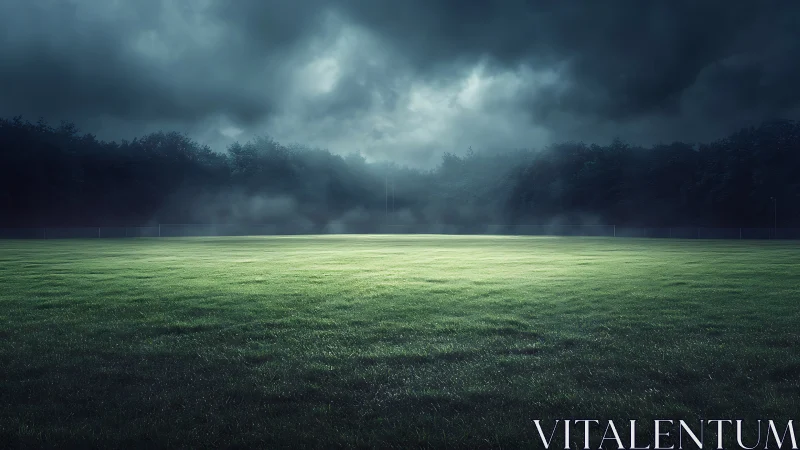 Stormlit field glows under heavy clouds before the rainfall
