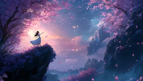 Petals whirl as a cliffside dreamer salutes the sky