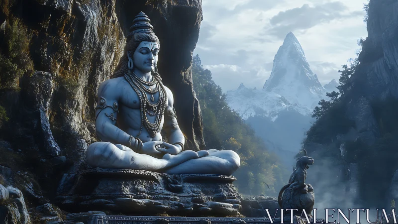 Large seated deity statue in mountain valley landscape scene.