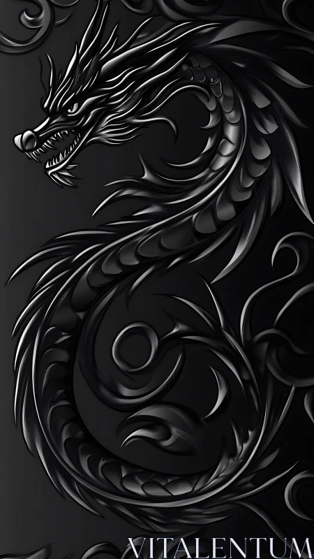 Monochrome embossed dragon relief with high contrast metallic shading