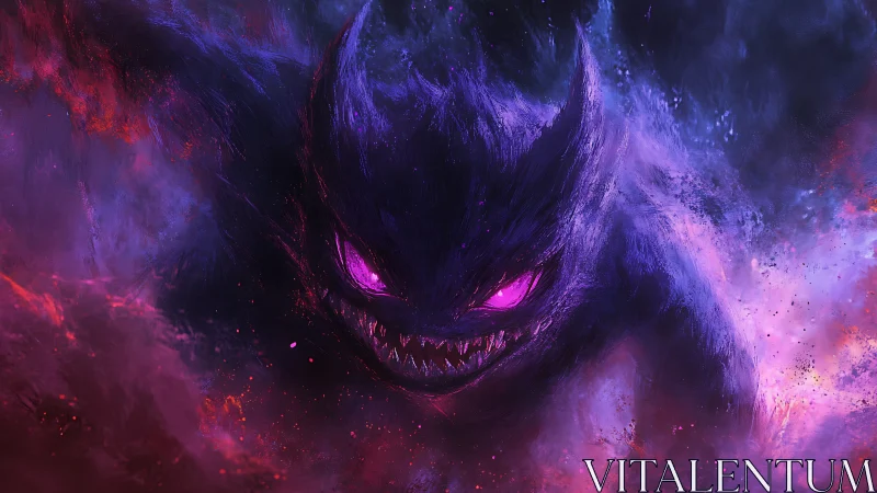 Violet-eyed shadow beast emerges from swirling neon smoke