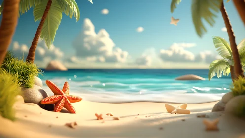 Tropical Beach Paradise With Starfish and Palms.