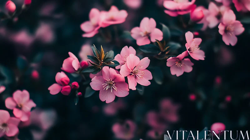 Pink Cherry Blossoms Against Dark Background.