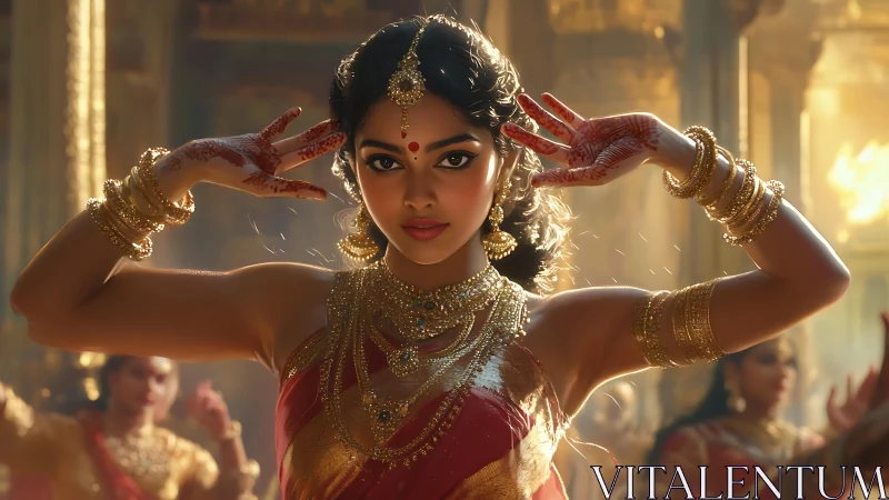 Golden temple dancer poised in radiant classical grace.