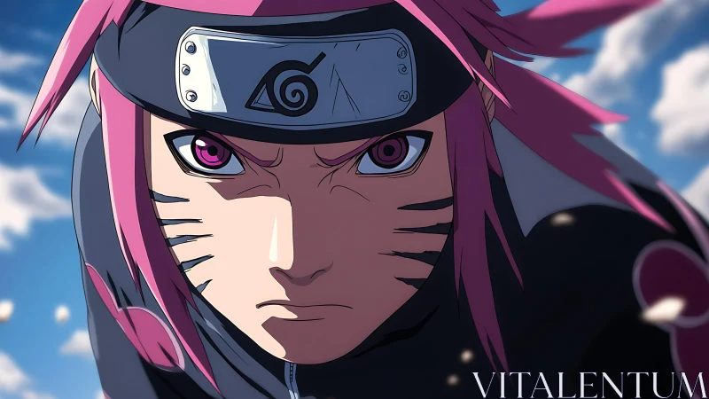 Pink haired ninja closeup with forehead protector emblem.