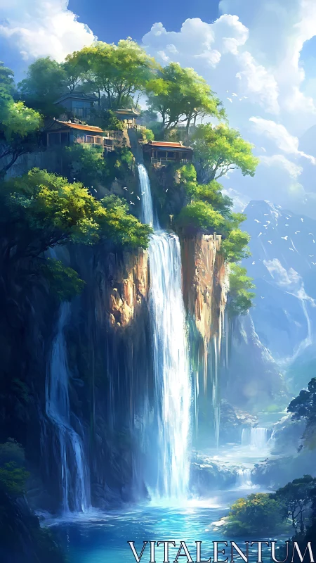 Clifftop sanctuary overlooks cascading mountain waterfall