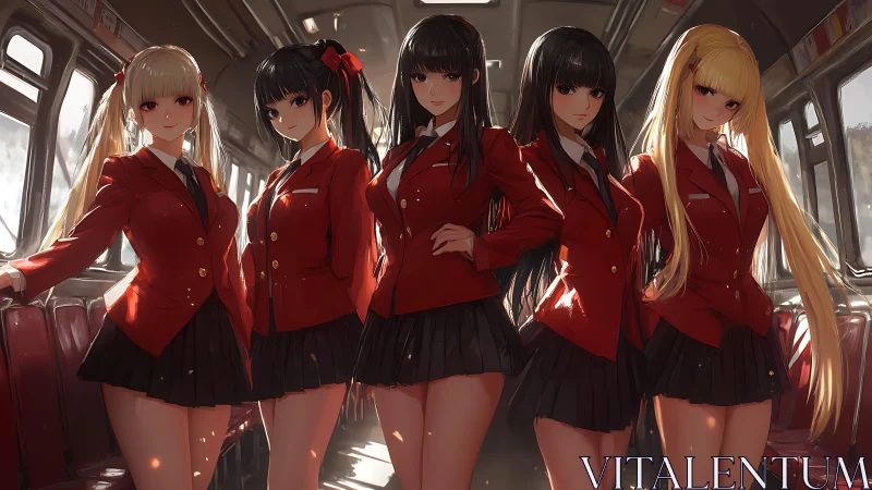 Uniformed schoolgirls dominate sunlit subway car interior.