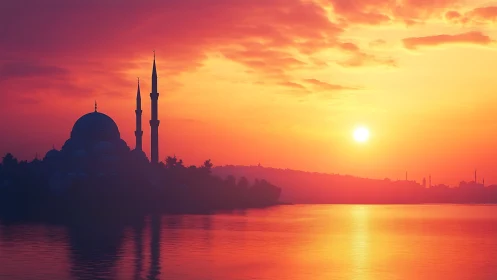 Mosque silhouette against calm water at vivid sunset.