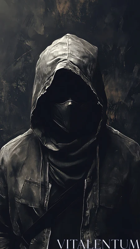 Hooded vigilante portrait in monochrome chiaroscuro lighting.