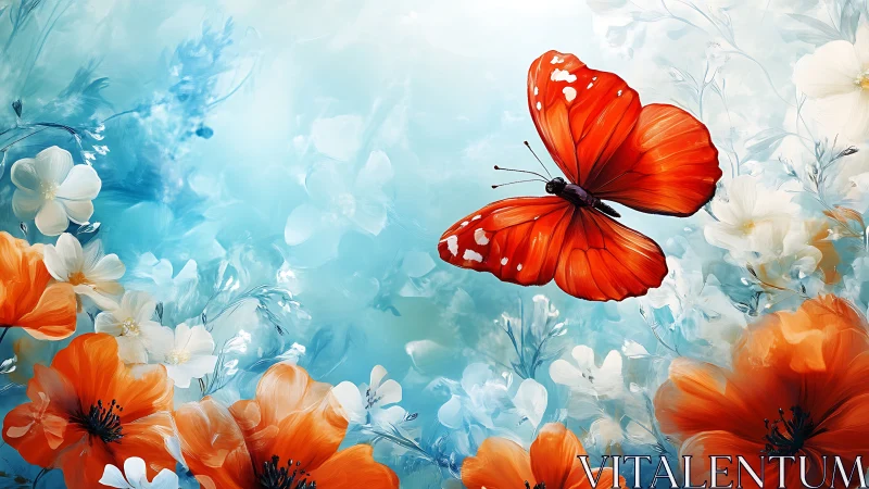 Vivid orange butterfly glides over cyan floral abstraction.