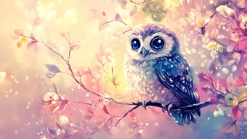 Cute baby owl illustration on pastel branch, dreamy fantasy art.