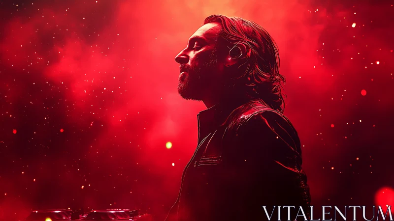 DJ in red nebula glow pauses in profile on stage.