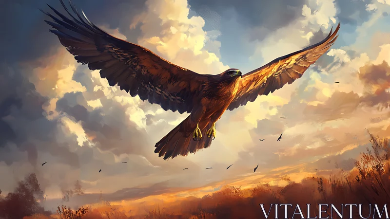 Majestic Eagle Soaring Over Sunset Landscape in Digital Art Style.