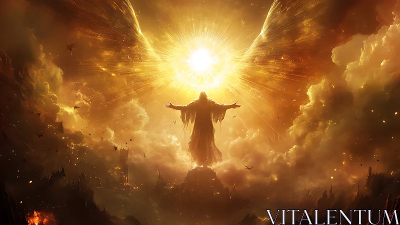 Radiant figure rising through golden stormlit heavens.