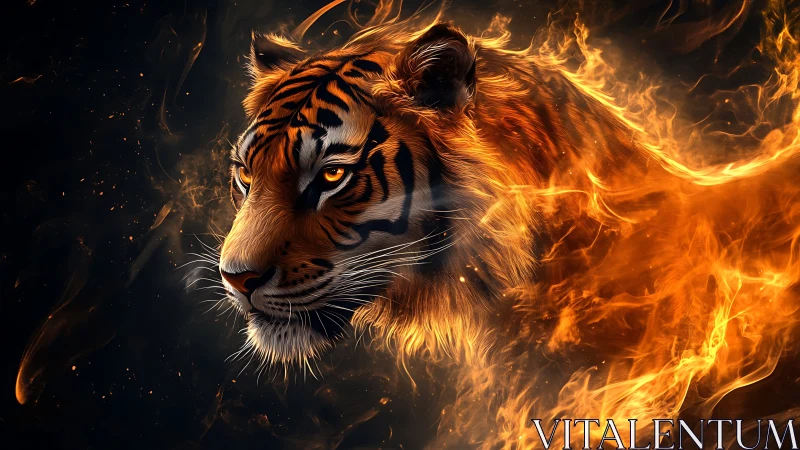 Fiery tiger portrait in swirling digital flame effects.
