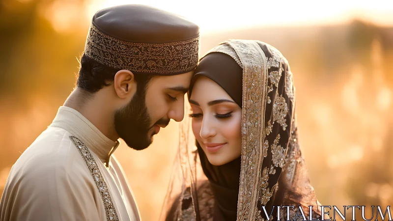 Islamic Wedding Portrait: Golden Hour Couple Embrace.