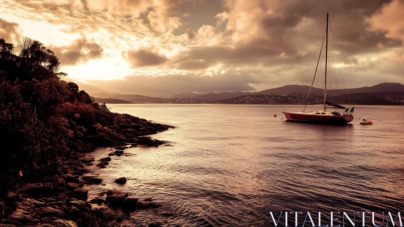 Sunset sailboat anchored off rocky coastal shoreline.