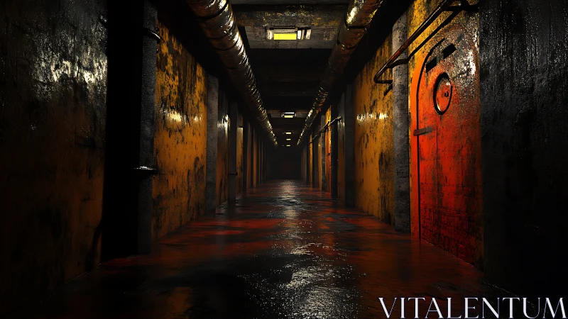 Industrial basement corridor with wet floor and rusted bulkhead doors