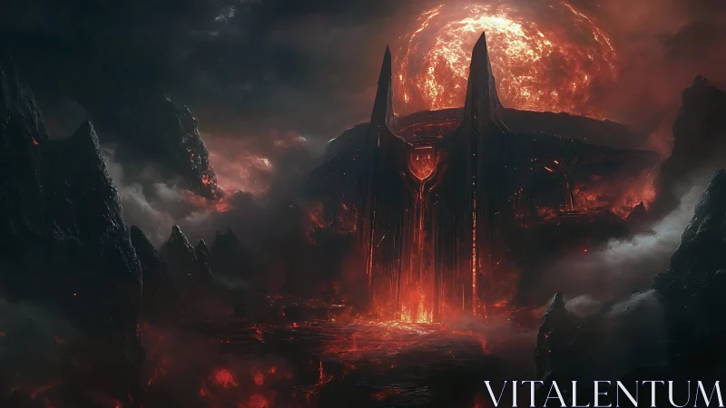 Molten citadel beneath a burning crimson star.