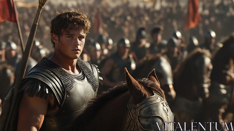 Young armored commander on horseback before vast army.