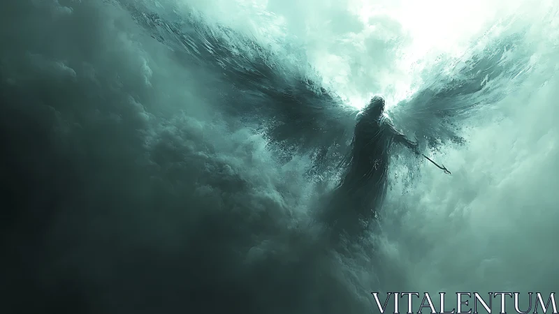 Ethereal Angelic Silhouette Emerging Through Turbulent Cloudscapes.
