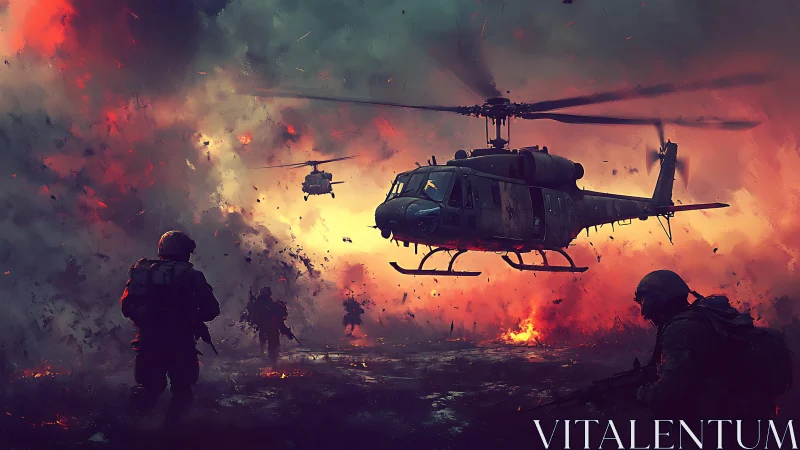 Helicopter insertion over burning battlefield under dense smoke plume