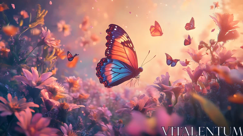 Iridescent butterfly swarm over luminous pastel meadow.