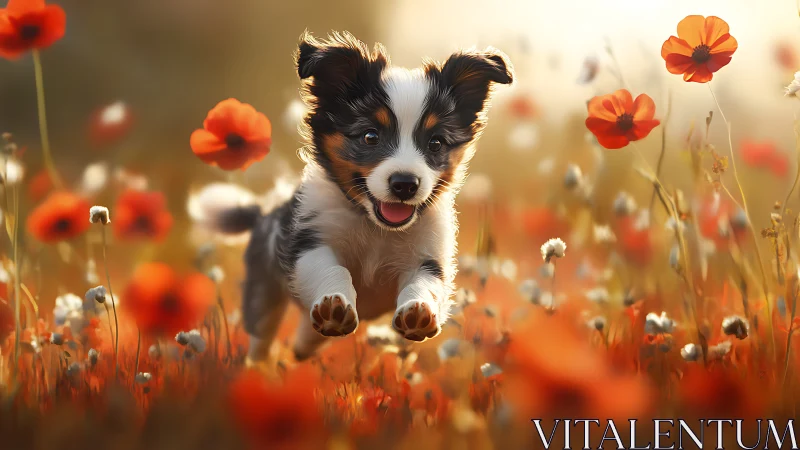 Photorealistic puppy mid-leap in sunlit wildflower meadow.