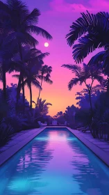 Neon-gradient tropical poolscape under stylized dusk lighting conditions